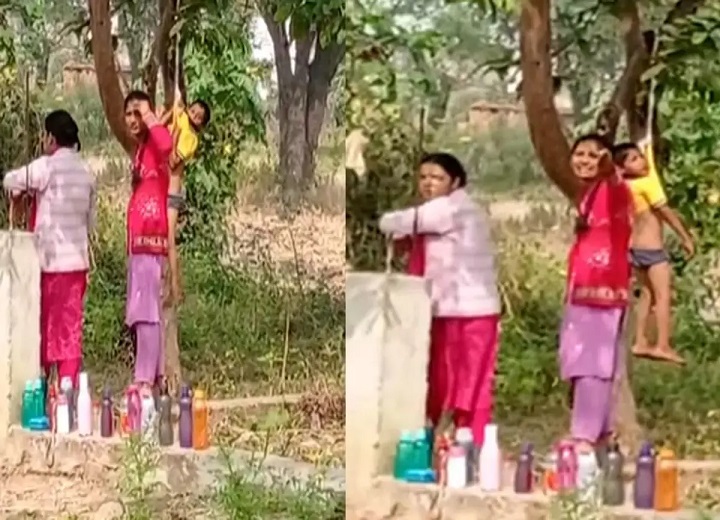 होमवर्क न करने पर बच्चे को पेड़ पर लटकाया