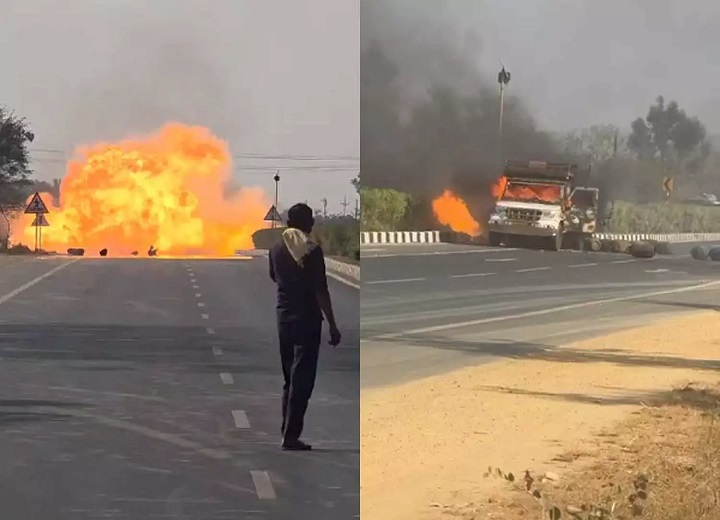 गैस सिलेंडर से भरी पिकअप में लगी आग